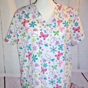 Wear For Care Womens Scrub Top Size M White Flower